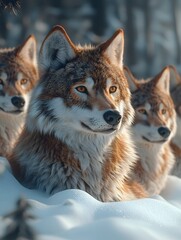 Obraz premium Majestic Wolf Pack Resting in Snowy Forest 3D Render