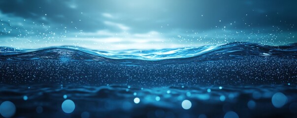 Futuristic interface displaying water quality metrics over sparkling ocean waves digital environment aesthetic viewpoint technology concept