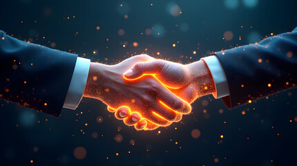 A futuristic concept of cyber diplomacy: two glowing hands shaking, made of digital particles