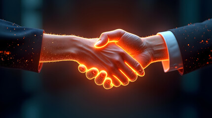 A futuristic concept of cyber diplomacy: two glowing hands shaking, made of digital particles