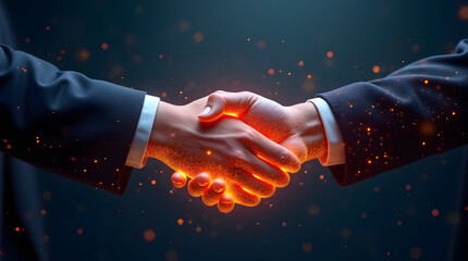 A futuristic concept of cyber diplomacy: two glowing hands shaking, made of digital particles
