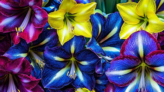 series of amaryllis flowers in a vibrant color palette, arranged in a decorative arrangement for a spring-themed wedding reception table setting. Amaryllis 