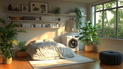 Modern, stylish laundry room equipped with sleek appliances and clever storage, aimed at maintaining efficiency and decluttering