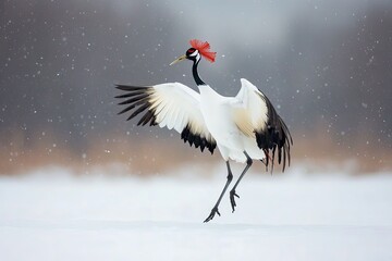 red-crowned crane dancing in snow-covered field its movements creating elegant and timeless moment