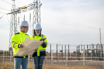 Maintenance engineers plan to inspect the operation of a wind turbine with a power plant in the background.