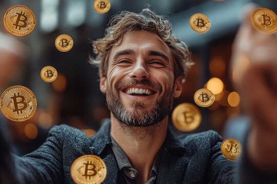 Smiling Businessman Surrounded by Floating Golden Bitcoin Coins, Celebrating Cryptocurrency Success and Wealth in an Urban Background - Perfect for Financial, Investment, and Blockchain Themes