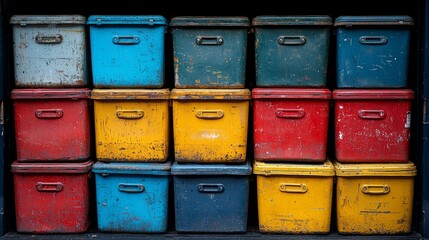 Aligned in a garage, the group of plastic storage bins serves to maintain a tidy and clutter-free atmosphere