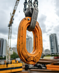 Naklejka premium A large orange and black chain is hanging from a crane