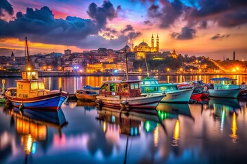 Fototapeta premium Night View of Fishing Boats in Kumkapi Harbor, Istanbul, Turkey - Stock Photo