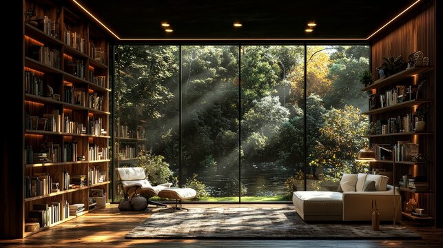 A living room that is well-organized and free of clutter, complete with a minimalist bookshelf, clean lines, and a calm ambiance, bathed in ample natural light