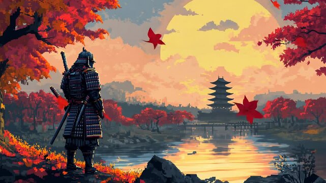 Lonely samurai watching falling leaves in pixel art landscape