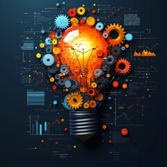 Creative Business Concept Branding Goals - A lightbulb with gears and charts, symbolizing innovative business ideas and brand strategy
