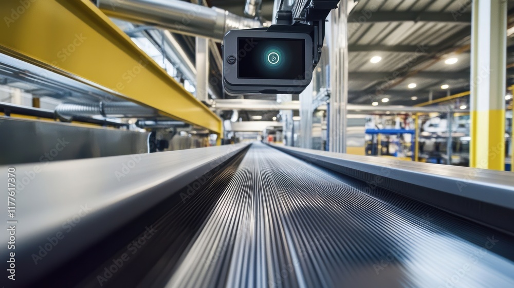 Poster automated camera system monitoring manufacturing process on a conveyor belt, ensuring quality contro