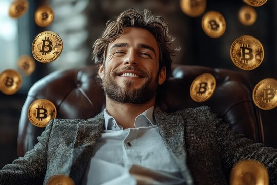 Smiling Businessman Surrounded by Floating Golden Bitcoin Coins, Celebrating Cryptocurrency Success and Wealth in an Urban Background - Perfect for Financial, Investment, and Blockchain Themes