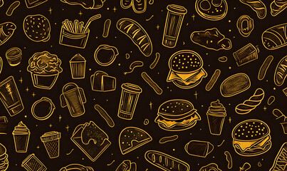 Delicious fast food seamless pattern background.  Perfect for menus, websites, and packaging. Gold on black.
