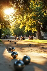 serene shot of p&eacute;tanque players enjoying casual game in park their camaraderie evident with setting softly blurred