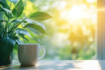 Bright and cozy workspace with a white coffee mug, lush green plants, and soft sunlight streaming through the window onto a wooden desk