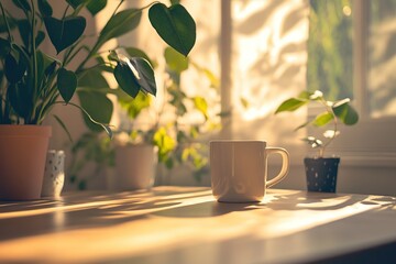 Bright and cozy workspace with a white coffee mug, lush green plants, and soft sunlight streaming through the window onto a wooden desk