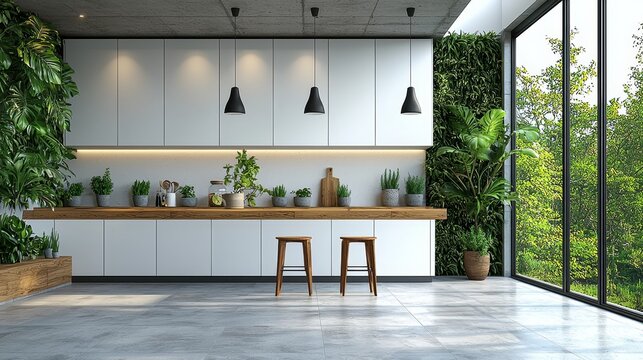 Elegance is the hallmark of this Scandinavian kitchen, equipped with sleek white cabinets, a wooden island, and natural lighting. With minimal decor and a tidy layout, the kitchen provides a peaceful