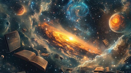 Obraz premium Cosmic Galaxy with Floating Ancient Books