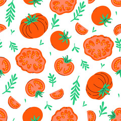 Seamless pattern with red tomatoes on a white background. Vector graphics.