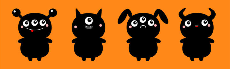 Cute monster set line. Happy Halloween. Kawaii cartoon funny baby character icon. Black silhouette. Horns, fang teeth, eyes. Sticker print. Childish style. Flat design. Orange background. Vector