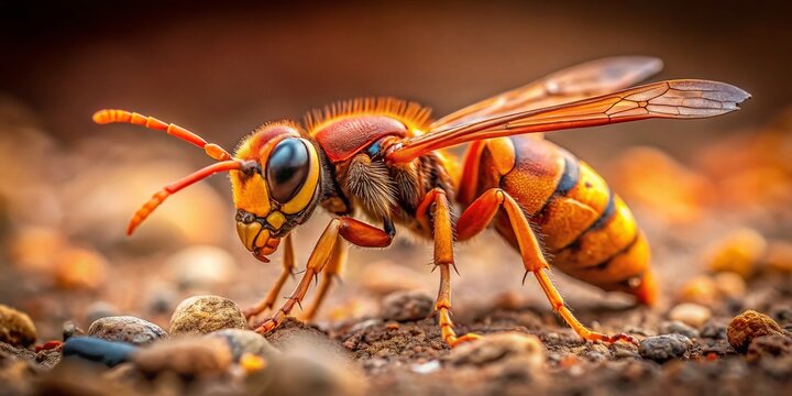 Orange Wasp Hunting on Ground - Stock Photo of Insect Predator Seeking Prey