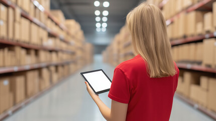 Woman Using Tablet for Inventory Management in Warehouse Aisle with Boxes and Shelves, Concept of Supply Chain Efficiency, Technology in Retail, Smooth Workflow, Back View