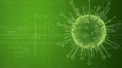 Microscopic World: A detailed, intricate illustration of a virus, rendered in vibrant green hues against a gridded background.