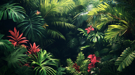 Fototapeta premium A lush green jungle with red flowers