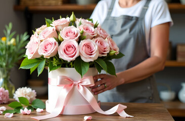 Hat box with bouquet of pink roses and woman florist in flower shop
