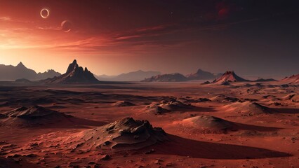Naklejka premium Desolate Martian Landscape with Jagged Rocks, Dusty Plains, Two Moons