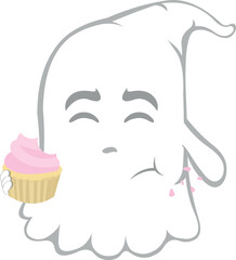 vector illustration character ghost cartoon, eating a raspberry cupcake or muffin