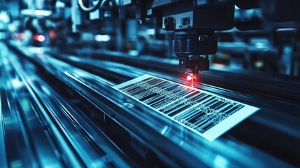 In a modern factory, a robotic arm uses a laser to engrave barcodes onto products moving along a production line, showcasing automation in manufacturing
