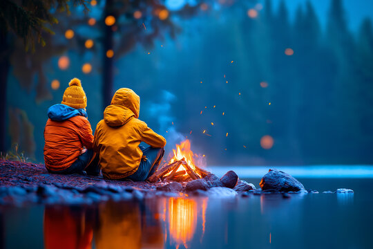 Young couple enjoys warm campfire by the lake surrounded by nature in the evening
