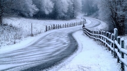Obraz premium Snowstorm wind serenity concept. Winding snowy road surrounded by a frosty landscape.