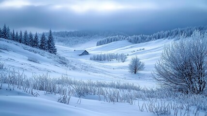 Snowstorm wind serenity concept. Snow-covered landscape with trees and a distant cabin under a cloudy sky.