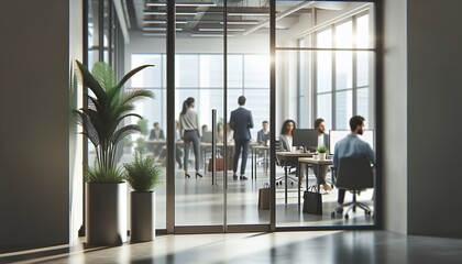 Blurred modern office scene with glass walls showing people working at desks and sleek design elements.
