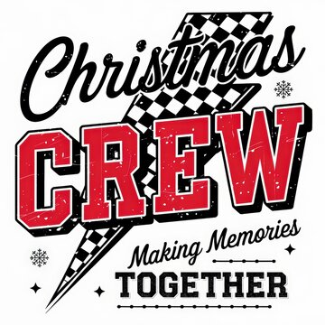 A bold and vibrant Christmas-themed typography design. The central focus is the word "CREW" in large, distressed red block letters with a white outline. Overlaying the text is a black-and-white checke