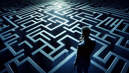 A businessman stands in the middle of a labyrinth, looking for a way out, symbolizing strategy and problem solving.