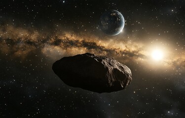 A breathtaking depiction of a rocky asteroid floating near Earth with a stunning Milky Way galaxy in the background. Perfect for science, astronomy, and space exploration themes