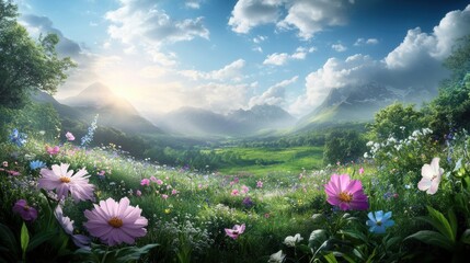 Obraz premium Serene Mountain Meadow: A vibrant panorama of a mountain meadow bursting with wildflowers, bathed in the golden light of sunrise.