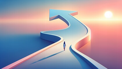 Solitary figure on a winding upward path symbolizing career growth and personal development against a serene sky.