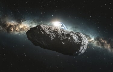 A breathtaking depiction of a rocky asteroid floating near Earth with a stunning Milky Way galaxy in the background. Perfect for science, astronomy, and space exploration themes