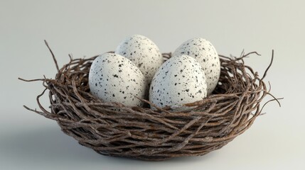 Obraz premium Four speckled eggs rest securely in a woven twig nest against a neutral background, leaving space for additional text or graphic elements