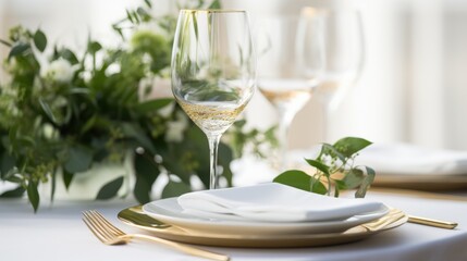 A minimalist yet luxurious table setting with gold-rimmed white porcelain plates, matching golden flatware, sparkling crystal glasses, and touches of greenery on a white linen tablecloth 