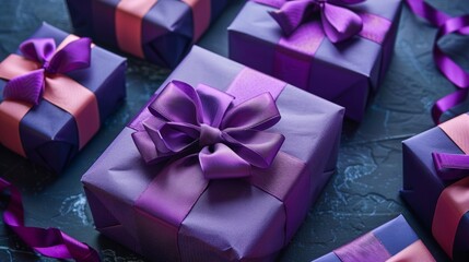 Brightly colored gifts decorated with purple ribbons to create a festive atmosphere. in articles about gifts, holidays and family gatherings, and in gift store advertisements