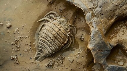 Detailed image of a fossil trilobite in stone. Great for scientific publications and teaching aids in geology and biology.