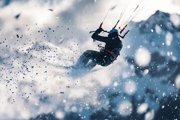 Naklejka premium snow kiter performing trick in mid-air framed by softly blurred mountains and dynamic snow spray