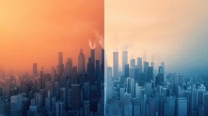 Fototapeta premium A global perspective of cities emitting pollution juxtaposed with shrinking wildlife habitats, highlighting the global crisis